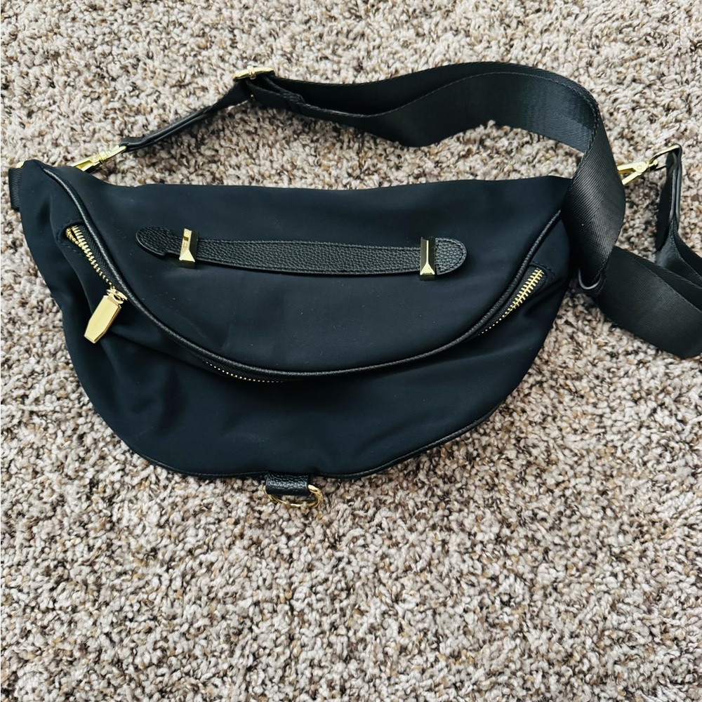Black Crossbody Belt Bag with Gold Hardware